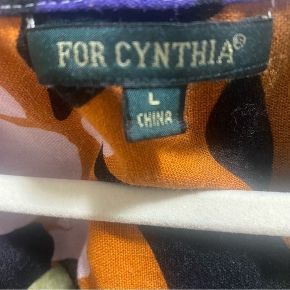 For Cynthia Linen Blend Puff Sleeve Bold Print V-neck Shirt Dress Size L - Picture 9 of 9